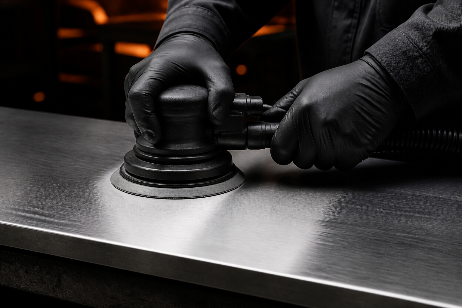 Oberflächenschliff einer Edelstahlplatte mit Exzenterschleifer und schwarzen Schutzhandschuhen