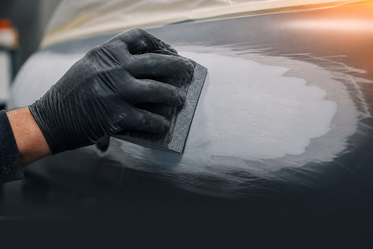 Handschliff einer gespachtelten Oberfläche mit schwarzen Schutzhandschuhen